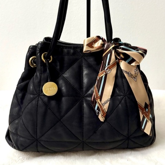 Furla Handbags - Furla Carmen Black Quilted Shoulder Bag with Scarf.